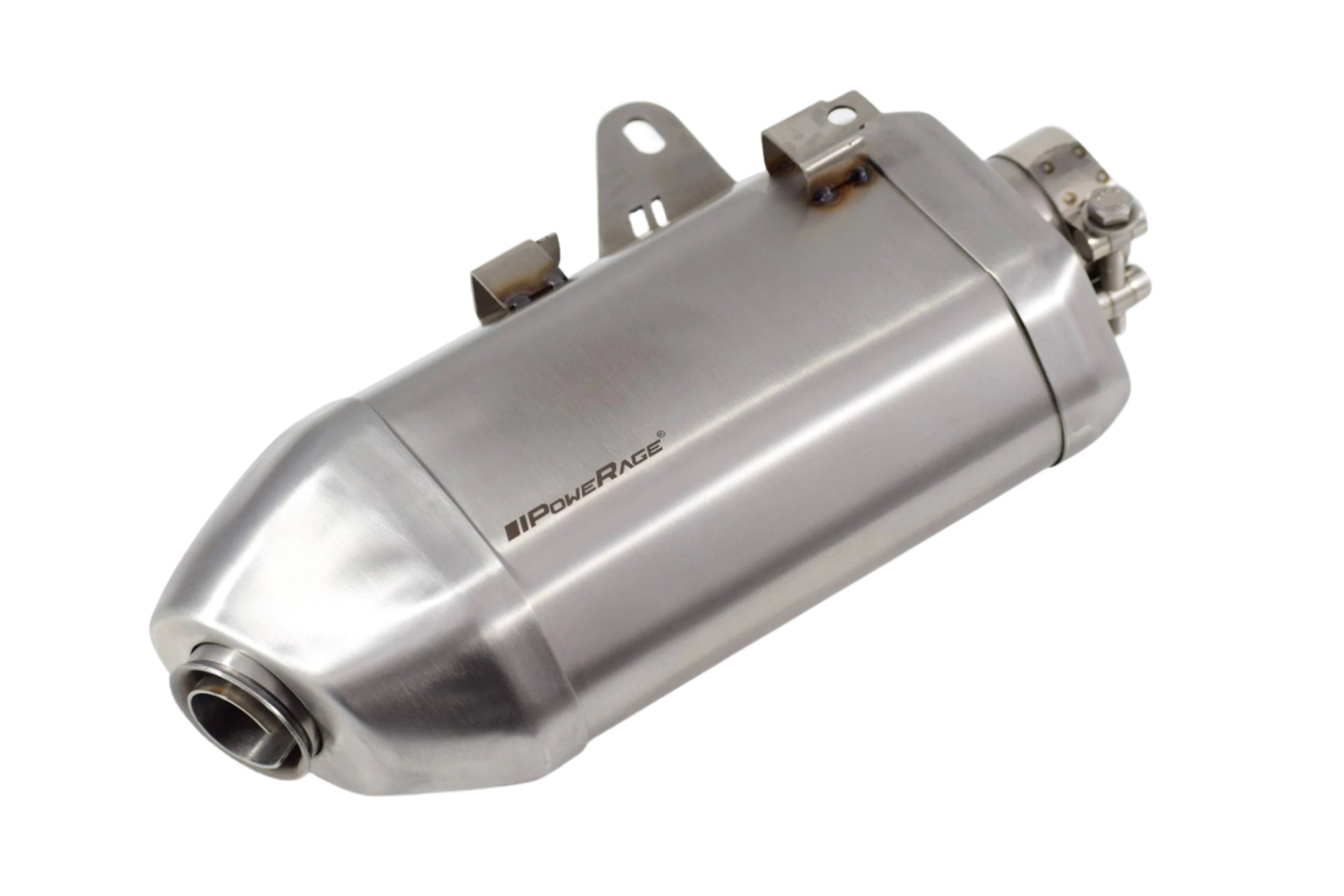 Motorcycle exhaust with PowerRage branding on a white background
