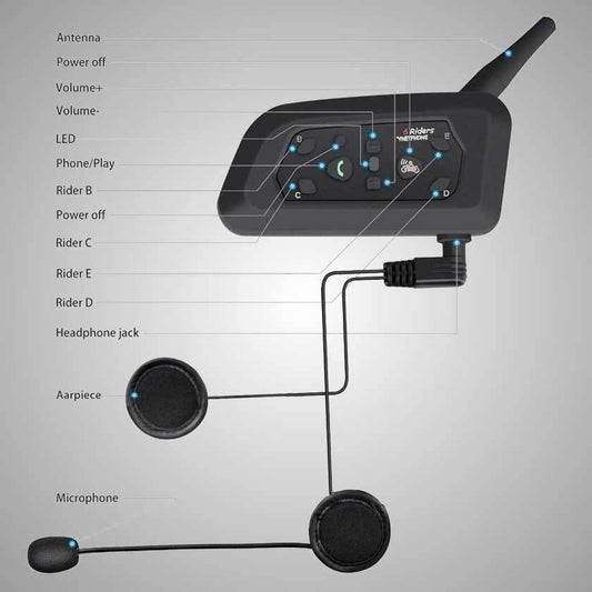V6 Bluetooth Helmet Intercom Headset for 6 Riders (Single Unit)